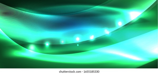  Antecedentes abstractos. El diseño brillante de las olas de neón con efectos de luz, el diseño tecnológico de moda. Ilustración vectorial para papel tapiz, pancarta, fondo, tarjeta, ilustración del libro, página de inicio