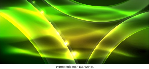  Antecedentes abstractos. El diseño brillante de las olas de neón con efectos de luz, el diseño tecnológico de moda. Ilustración vectorial para papel tapiz, pancarta, fondo, tarjeta, ilustración del libro, página de inicio