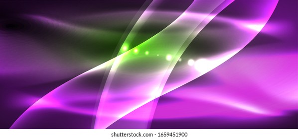  Antecedentes abstractos. El diseño brillante de las olas de neón con efectos de luz, el diseño tecnológico de moda. Ilustración vectorial para papel tapiz, pancarta, fondo, tarjeta, ilustración del libro, página de inicio