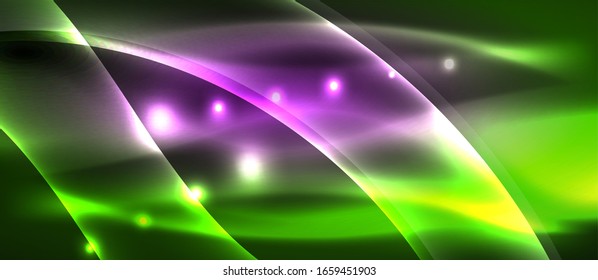  Antecedentes abstractos. El diseño brillante de las olas de neón con efectos de luz, el diseño tecnológico de moda. Ilustración vectorial para papel tapiz, pancarta, fondo, tarjeta, ilustración del libro, página de inicio