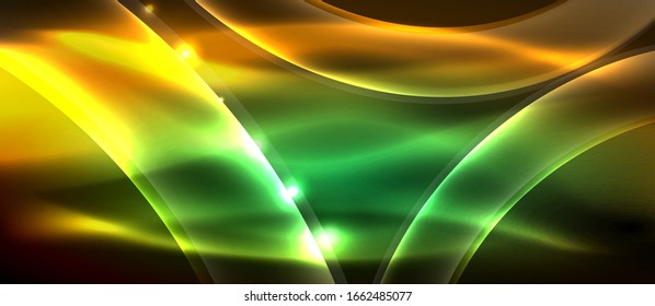  Antecedentes abstractos. El diseño brillante de las olas de neón con efectos de luz, el diseño tecnológico de moda. Ilustración vectorial para papel tapiz, pancarta, fondo, tarjeta, ilustración del libro, página de inicio