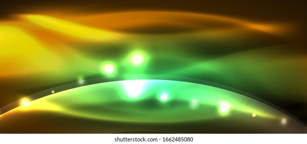 Resumo. Ondas de néon de design brilhante com efeitos de luz, design na moda techno. Ilustração vetorial para papel de parede, banner, plano de fundo, cartão, ilustração de livro, página inicial