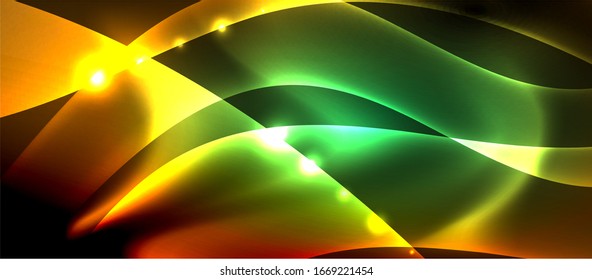  Antecedentes abstractos. El diseño brillante de las olas de neón con efectos de luz, el diseño tecnológico de moda. Ilustración vectorial 
