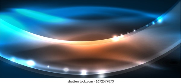 Antecedentes abstractos. El diseño brillante de las olas de neón con efectos de luz, el diseño tecnológico de moda. Ilustración vectorial para papel tapiz, pancarta, fondo, tarjeta, ilustración del libro, página de inicio