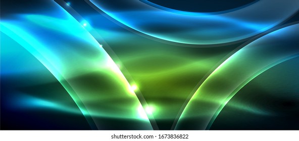 Antecedentes abstractos. El diseño brillante de las olas de neón con efectos de luz, el diseño tecnológico de moda. Ilustración vectorial para papel tapiz, pancarta, fondo, tarjeta, ilustración del libro, página de inicio