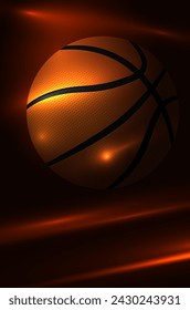 Abstract background with shiny light stripes and basketball ball. Template for your sport design. Vector illustration.