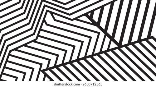 An abstract background showcases a dynamic interplay of black linear shapes against a stark white canvas, forming a captivating geometric design with overlapping, diagonal lines.