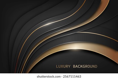 Abstract background showcasing sleek, layered black curves accented by smooth, golden, and bronze lines. Luxury style . Vector illustration