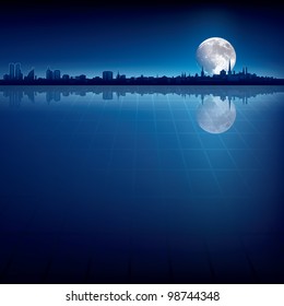 abstract background with silhouette of city and big moon