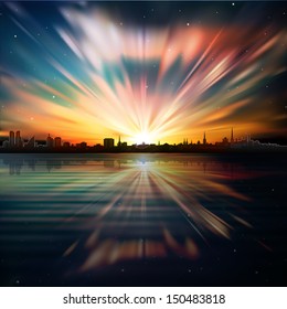 abstract background with silhouette of city and color sunrise