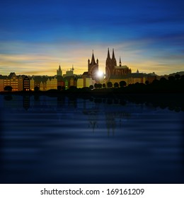 abstract background with silhouette of cologne and sunset