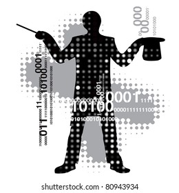 Abstract background with a silhouette of computer magician . Vector illustration.