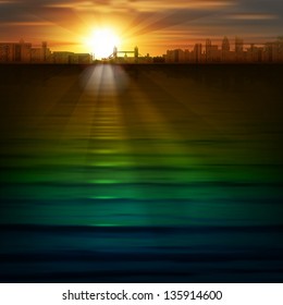 abstract background with silhouette of London and sunrise