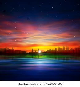 abstract background with silhouette of London and sunset