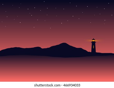 Abstract background silhouette sea scenery with lighthouse, vector illustration