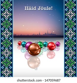 abstract background with silhouette of Tallinn and ethno ornament