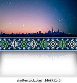 abstract background with silhouette of Tallinn and national ornament