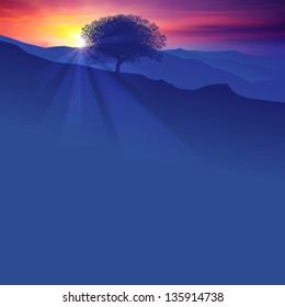 abstract background with silhouette of tree mountains and sunrise