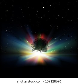 abstract background with silhouette of tree sunrise and stars