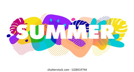 Abstract background with silhouettes fruit, and plant, geometric particle. Design print for summer season. Text hello summer on grunge modern texture backdrop. Vector