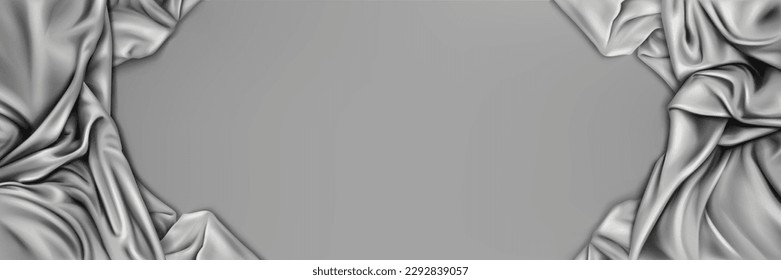 Abstract background with silk fabric. 3d texture of elegant luxury silver satin cloth. Banner template with smooth textile drapes and copy space in center, vector realistic illustration