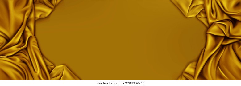 Abstract background with silk fabric border. 3d texture of elegant luxury golden satin cloth. Banner template with smooth textile drapes and copy space in center, vector realistic illustration