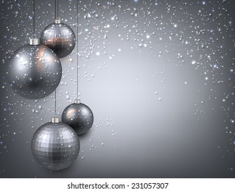 Fondo abstracto con bolas de navidad plateadas. Ilustración vectorial. 