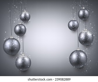 Abstract background with silver christmas baubles. Vector illustration. 