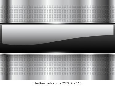 Abstract background with a silver grey metallic  banner on a gray dotted background, 3d vector illustration.