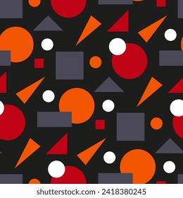 Abstract background from simple geometric shapes. Circles, squares, rectangles, triangles, rounded dots. Modern backdrop. Minimalistic wallpaper. Dark seamless pattern for jacket fabric prints.