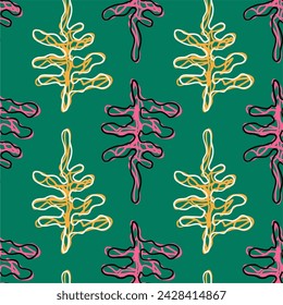 Abstrakter Hintergrund, einfache Pflanzen, Algen. Nahtloses Ornament, einfaches modernes Design, helle Vorlage für den Druck. Psychedelische Illustration.