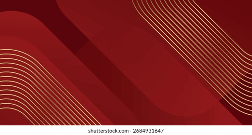 Abstract background with a simple red geometric design and sparkling, luxurious gold lines. Minimalist background concept for brochures, banners, posters,flyers, and covers.