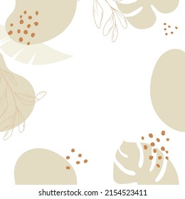 Abstract background. Background for the site, instagram, postcards, social networks. Spots, branches, tropical leaves, doodles and dots on a white background. Frame.