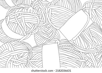 Abstract background with skeins of wool. Hand drawn black and white vector illustration.