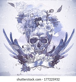 Abstract Background with Skull, Wings and Flowers