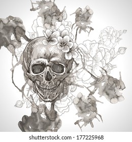 Abstract Background with Skull, Wings and Flowers