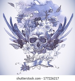 Abstract Background with Skull, Wings and Flowers