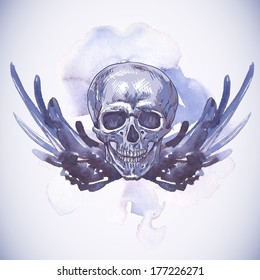 Abstract Background with Skull, Wings and Flowers