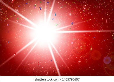 Abstract background sky burst with fractal of the rainbow ribbon explode and snow falling on lighting effect and red background for happy time and celebration vector illustration
