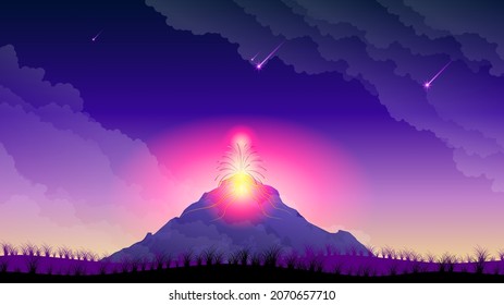 Abstract Background Sky Clouds Stars Comets Gradient Volcano Lava Fire Flame Eruption Nature Grass Plants Stars Vector Design Style