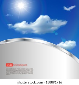 Abstract background with sky, clouds, sun and metallic strip