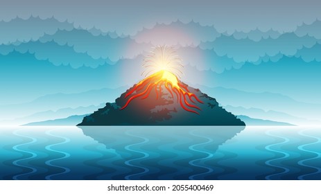 Abstract Background Sky Gradient Volcano Lava Fire Flame Eruption Nature Clouds Reflect Water Vector Design Style