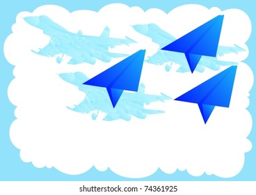 Abstract background of the sky with paper airplanes and military link of modern fighters