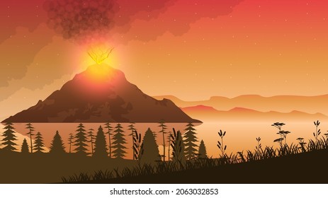 Abstract Background Sky Smoke Gradient Volcano Lava Fire Flame Eruption Nature Stars Plants Vector Design Style