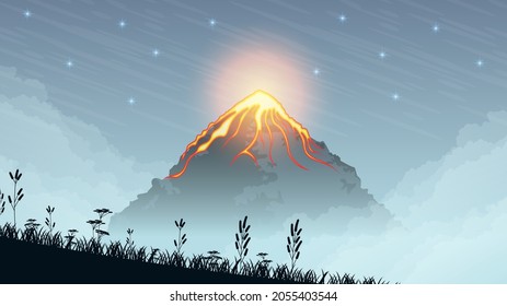 Abstract Background Sky Volcano Lava Fire Flame Eruption Nature Clouds Plants Grass Fog Vector Design Style