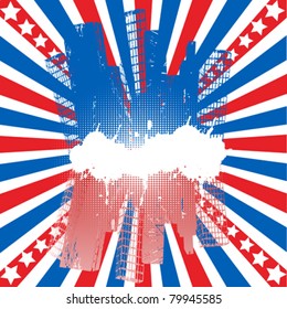 Abstract background with skyscrapers and colored sunburst