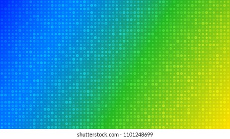 Abstract background of small circles or pixels of different sizes in blue, green and yellow colors.