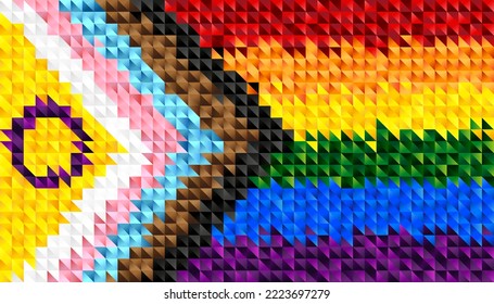 Abstract background of small colorful multicolored triangles. Rainbow flag. An international symbol of the lesbian, gay, bisexual and transgender community. LGBTQIA + symbols. LGBT flag.