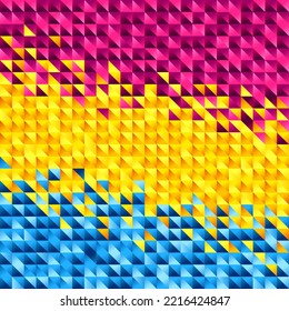 Fondo abstracto de pequeños triángulos coloridos rosa, amarillo y azul. La bandera del orgullo pansexual. Identificación sexual. Ilustración vectorial.