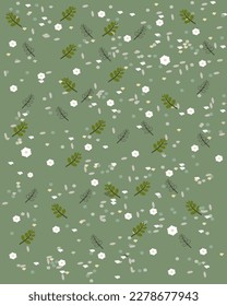 Resumen de fondo flores pequeñas y hojas ramas en color de fondo verde. Ilustración vectorial. Diseño vertical.